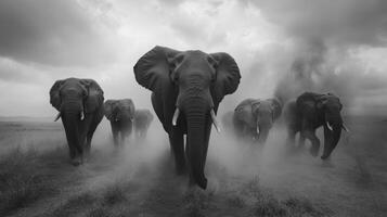 Elephants walking. Group of elephants walks in a dusty landscape. Black and white image of wild animals. Herd of elephants moving forward. photo