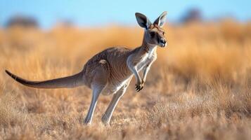 Kangaroo jumping in dry grass. Wild animal with a tail in nature. Australian fauna on brown field. Looking for food. Wildlife in Australia photo