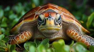 Sea turtle resting. Marine animal portrait. Turtle in nature. Close up turtle on green plants. Ocean reptile looking. photo