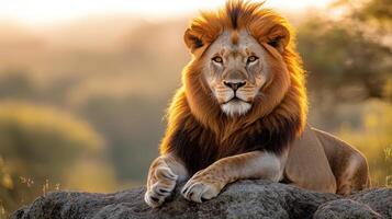Lion rests on rock. King animal looks forward. Wild cat lounges. Majestic male rests. African wildlife at sunset. Powerful creature on alert. photo