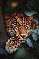 Leopard rests. Calm wildcat sleeps in tree. Spotted animal relaxes among green leaves. Peaceful predator close up. Feline portrait. Orange and black cat. photo