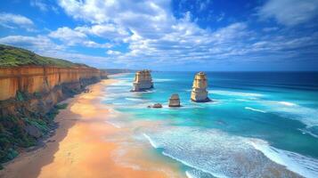 Ocean rock formations stand in the blue water. Waves crash against the sandy shore next to the high cliffs on a sunny day. Beautiful sky above. photo