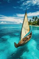 Sailboat floats on clear ocean water. Boat is old wood. Sky is blue with white clouds. Tropical island with palm trees is in background. photo
