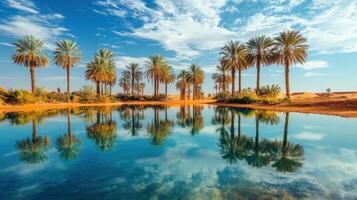 Palm trees are reflected in a calm pool of water. Desert scene with a bright blue sky and white clouds overhead. photo