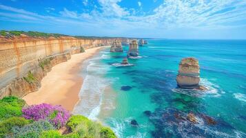 Ocean Cliffs View. Coastal Landscape. Blue sea and sandy beach. Rock formations in water. Beautiful nature scene. Scenic view. photo