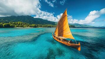 Sailboat floats on turquoise water. Tropical island is visible under bright clouds. Sea travel with wooden boat. photo