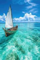 Boat floats on clear sea. Sailboat on ocean with blue sky. Tropical water with white clouds. Calm boat in shallow water. photo