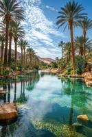 Palm trees near water. Oasis scene. Clear water reflections. Tropical landscape. Sunny skies with some clouds. Water flows gently. Arid background. photo