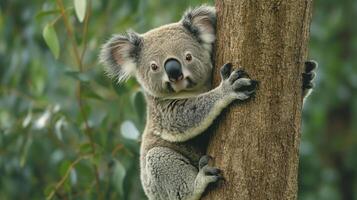 Cute koala climbs on a tree. Australian wild animal with soft gray fur hugs tree trunk. Adorable mammal with black nose and small ears poses. photo