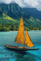 Sailboat floats on clear ocean water. Green mountains background. Peaceful tropical sea view. Boat travel adventure. Golden sails. Calm waters. photo