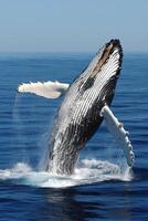 Whale breaching water. Large whale emerging. Big ocean animal jumping. Aquatic mammal in sea. Marine wildlife splashing. Whale rising above waves. photo