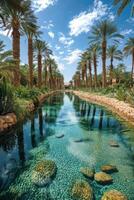 Palm Trees line Clear Water Channel. Rocks rest under Water. Reflections of trees in the Water. Blue sky with soft Clouds. Serene Tropical Scene. photo
