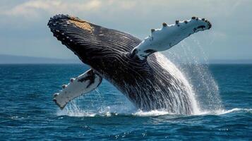 Whale jumps high above the ocean. Huge marine animal with white fins rises from the sea. Splashes of water around whale. photo