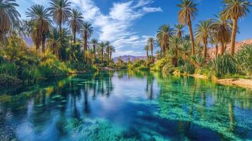 Tropical lake view. Calm water shows clear plants. Palms grow near lake shore. Blue sky and light clouds in the background. Desert landscape image. photo