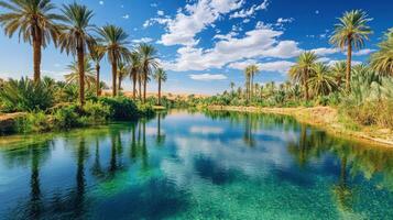 Oasis water view. Palm trees stand near clear blue water in a desert landscape under a bright sky. Tranquil scene with natural beauty. photo