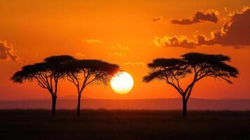 Orange sky at dawn. Trees are silhouetted against a vibrant sunset. Sun is centered between the trees, with landscape in the background. photo