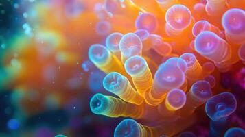 Coral reef detail. Colorful coral with bright hues. Abstract underwater life. Vibrant natural texture with fantasy lighting. Close up view of marine organisms. photo