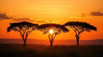 African Trees Silhouetted Against Bright Orange Sunrise. Grass field under trees. Warm light shines on trees and sky. Landscape view with setting sun. photo