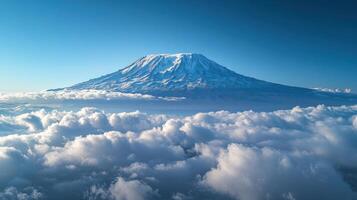 Snowy mountain peaks over white clouds. Blue sky above mountain top. Scenic aerial landscape view. Nature scene with mountain range. Majestic mountain covered in snow. photo