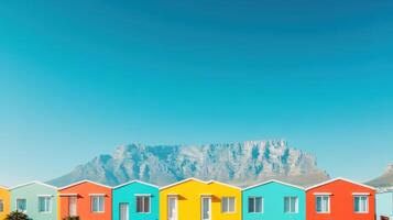 Bright colorful houses stand against a clear blue sky with a mountain background. Homes painted vibrant colors in a row. Simple houses. photo
