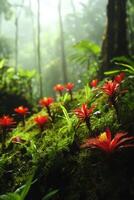 Lush jungle floor with red flowers. Tropical plants grow in a misty forest. Wild nature scenery. Peaceful and colorful. Green moss with exotic bloom. photo