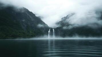 Lake and mountains view. Fog hangs above the water. Waterfalls flow down the mountains. Mist covers the landscape. Dark water and green trees. photo