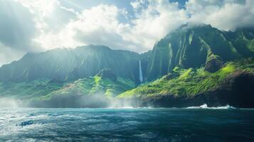 Green mountain landscape on ocean. Lush cliffs rise above blue water. Sunlight through clouds. Waterfall flows down hillside. photo