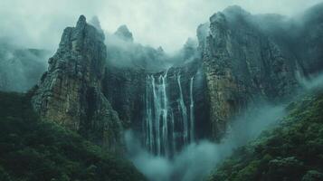 Mountain peaks rise above flowing water. Tall waterfall cascades down cliff faces. Clouds drift through green forest. Nature scene. photo