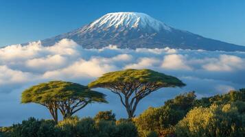 Snowy mountain over clouds. Trees in foreground. Nature landscape at dawn. Calm scenery. Mountain summit. Peaceful view. photo