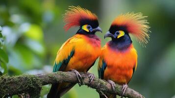 Bird of paradise Two Exotic Birds Perched on Branch. Colorful Feathered Creatures. Birds with Orange Bodies. Nature Scene with Green Leaves Background. Wildlife Photography photo