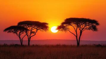 Trees stand at sunset. Orange sky and grass field. Nature landscape silhouette. Sun shines bright. Calm scenery in the evening. photo