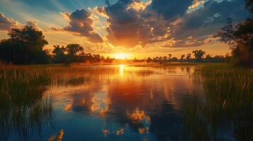 Lake reflects bright sunset. Clouds fill warm sky. Tall grass grows along calm water. Trees stand in the distance. Peaceful golden light shines. photo