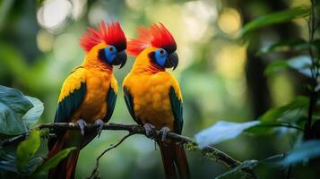 Bird of paradise Two colorful birds perch on branch. Exotic parrots with red crests sit in forest. Tropical wildlife in nature. Birds looking forward. photo