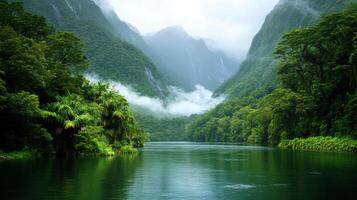 Green mountain landscape view. Water flows in valley. Mist covers peaks. Trees grow on hillsides. Tranquil nature scene. photo