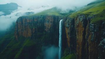 Mountain waterfall view. Water flows down from cliff. Green grass covers hills. Mist hangs in air. Landscape is scenic and calm. photo
