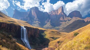Mountain landscape picture. Waterfall flowing down cliffs. Yellow grass hills under a blue and cloudy sky. Nature scene from a valley with rocky mountains. photo