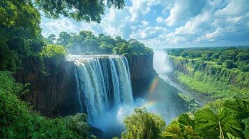 Waterfalls flow down cliff. Green plants grow around. Water river flows through trees. Blue sky has white clouds. Rainbow shines through the water. photo