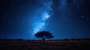 Night sky with many stars above open field. Single tree stands in foreground under night lights. Milky way across the horizon. photo