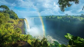 Waterfall plunges into river. Rainbow appears. View from cliff with green plants. Nature landscape. Water falls. Scenic view. photo