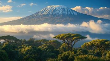 Big mountain with snow top. Green trees in foreground. Clouds below the peak. Blue sky above mountain. Scenic and impressive landscape. photo