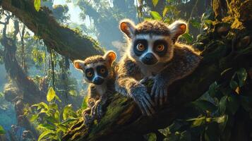Two small lemurs rest on tree. Jungle trees in background. Animals with big orange eyes and gray fur are posing. photo