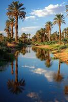 Palm trees reflect in water. Tranquil scene showing trees and blue sky with clouds. Peaceful landscape with plants. Nature reflected in water. photo