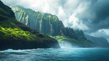 Green mountains meet ocean water. Cloudy sky above landscape. Waterfalls and cliffs by the sea. Tropical nature scenery. Waves crashing against the shore. photo