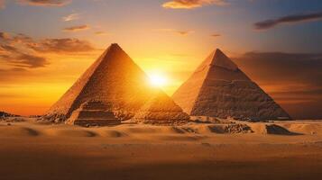 Stone pyramids sit in sand. Sun shines bright. Sky turns orange. Light touches tips. Big structures stand tall. Simple shapes form. Ancient wonder shows. photo