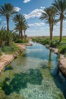 Palm Trees stand tall in this Landscape by clear flowing water with green plants under a blue sunny sky in a hot environment photo