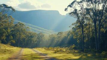 Forest path with sunlight. Trees line the road leading toward distant mountains. Warm sunlight shines through trees on a bright day. photo