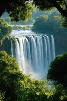 Waterfall scene. Water falls down rocks. Green trees around waterfall. Nature and landscape. Fresh water in summer. Clean environment. Clear river view. photo