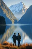 People view mountain lake. Two people stand near water. Lake reflects mountains with snow. Nature landscape. Scenic view. photo