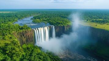 Waterfall aerial view. River falls. Natural wonders of the world. Green forest landscape. Water falling down cliff. Mist rising. Cascade and trees. photo