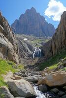 Mountain peak view. Rocks and green grass surround a small stream flowing towards a waterfall in a deep rocky valley under a clear blue sky. photo